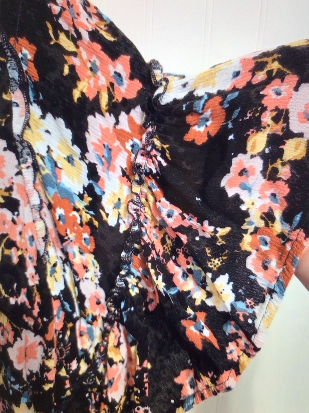 Maurices Black Floral Ruffle-Sleeve Blouse with Pink and Cream Flowers - Picture 3 of 8